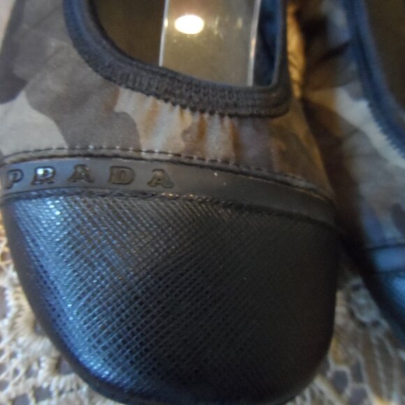 Prada Green/Black Camo Print Elastic Canvas/Leather Ballet Flats Size 7 - Picture 5 of 16